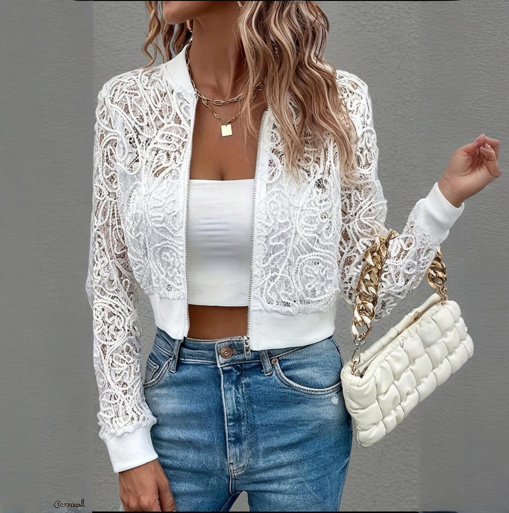 Women's Elegant Lace Short Zip-Up Jacket